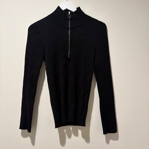 Maeve Anthropologie Black Ribbed Quarter Zip Mock Neck Sweater Large OB1216922